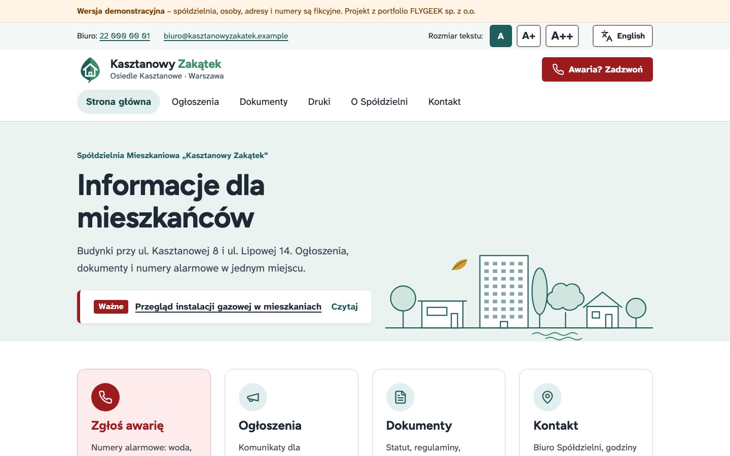 Strona spółdzielni mieszkaniowej - strona główna z ogłoszeniem i szybkimi skrótami